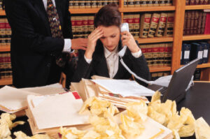 woman in blue suite, white shirt in office on phone surrounded by crumpled paper.