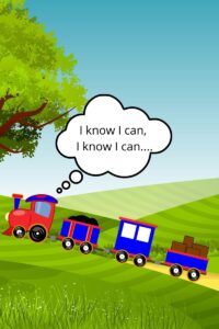 Toy red train with 3 blue cars chugging up a hill saying "I know I can, I know I can".