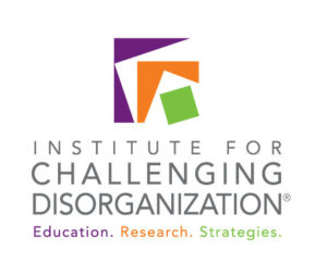 purple, orange and green boxes. Institute of challenging disorganization logo.