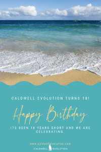 waves on beach, writing happy birthday to Caldwell Evolution