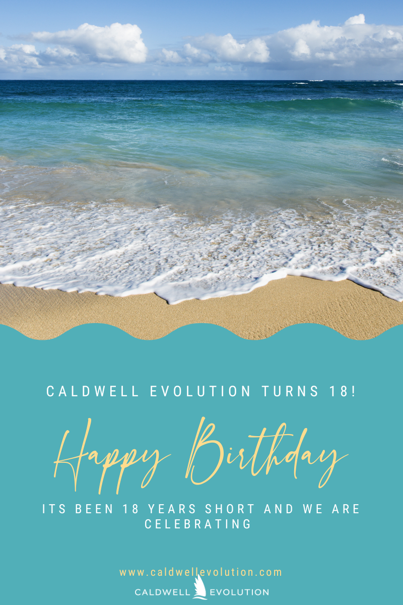 waves on beach, writing happy birthday to Caldwell Evolution