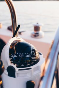 Ship's compass with calm waters to get back on course.