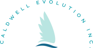 Aqua wing over dark blue wave in Caldwell Evolution Inc. logo