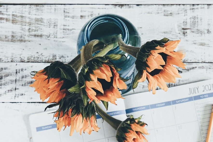 orange sunflowers in blue vase showing calendar to July. show time to plan the second half of 2024